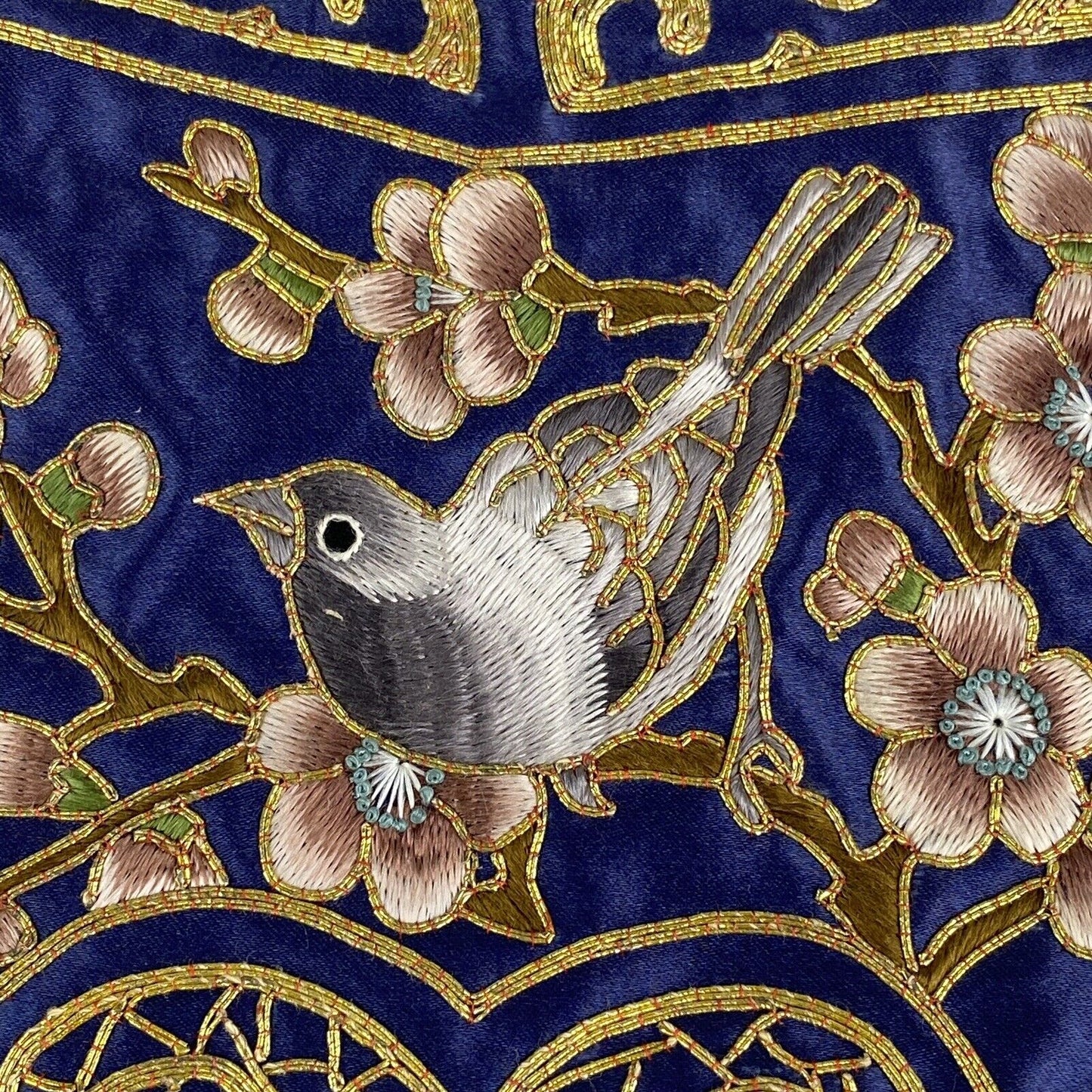 Hand Embroidered Silk Scalloped Blue Background with Bird (READ)