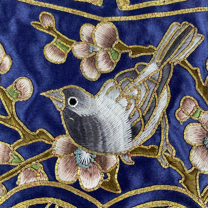 Hand Embroidered Silk Scalloped Blue Background with Bird (READ)