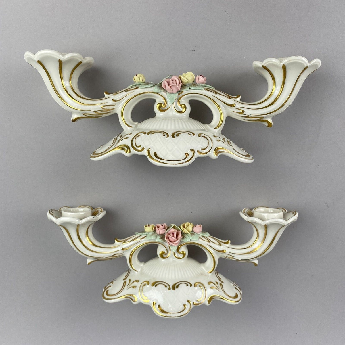 Pair of Antique Dresden Candle Holders with Flower Details and Gold Accents