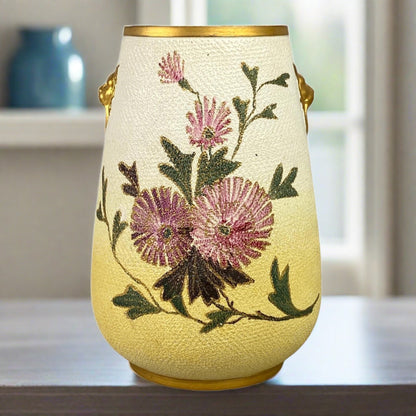 Vintage Tapestry Ware Vase with Lion Embellishments Floral Flowers