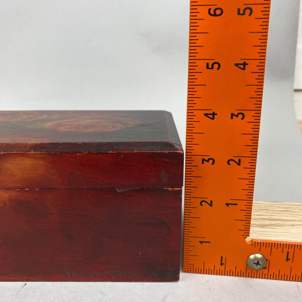 Antique Wood Hinged Jewelry Trinket Storage Letter Chest Hardware Red Paint