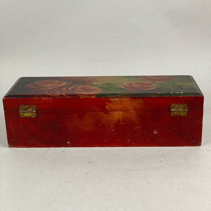 Antique Wood Hinged Jewelry Trinket Storage Letter Chest Hardware Red Paint