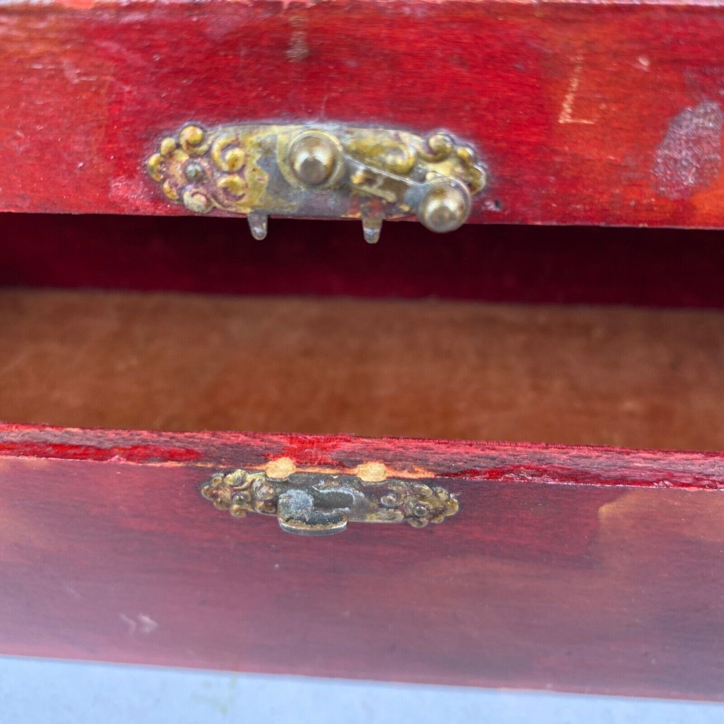 Antique Wood Hinged Jewelry Trinket Storage Letter Chest Hardware Red Paint