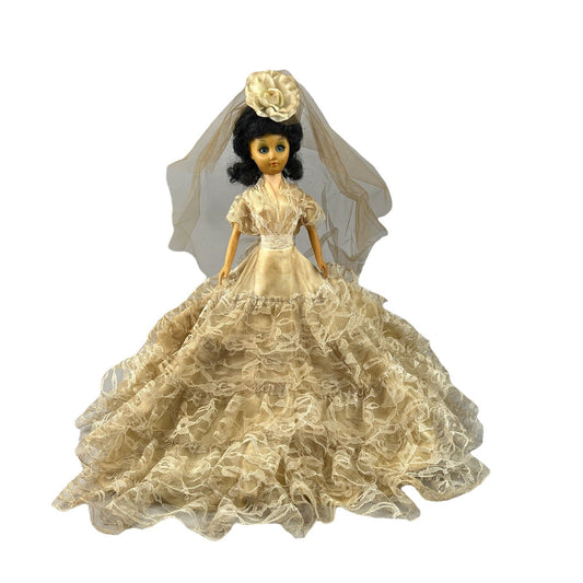 Admiration Doll Black Hair w/ Custom Wedding Dress and Veil 18" tall on Base VTG