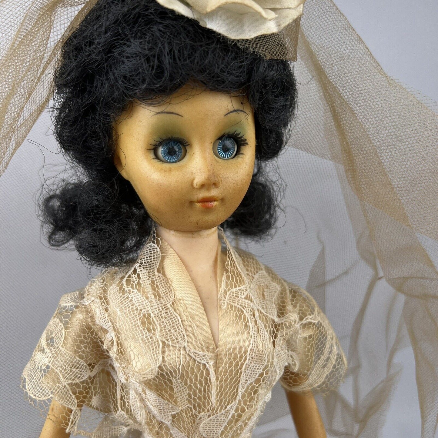 Admiration Doll Black Hair w/ Custom Wedding Dress and Veil 18" tall on Base VTG