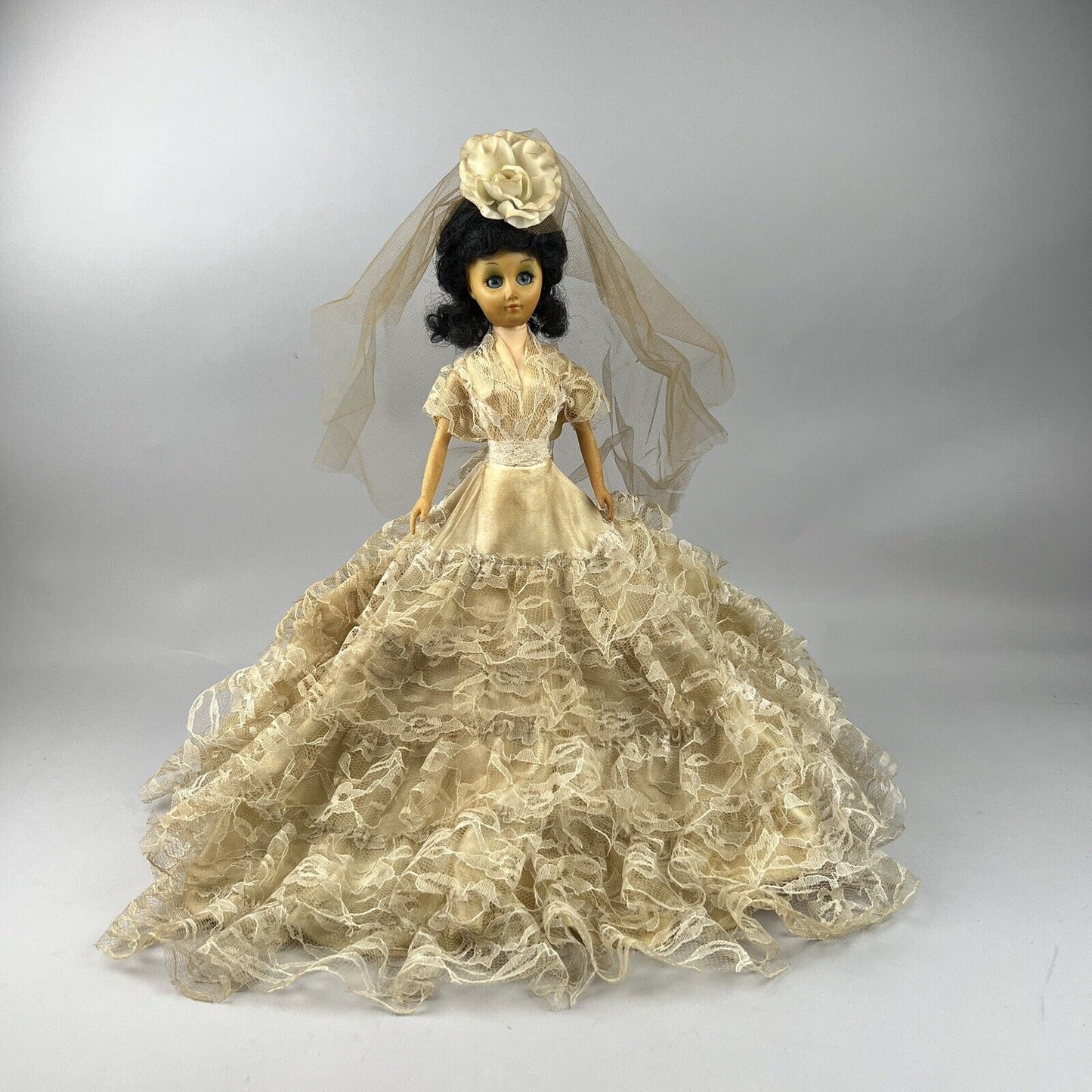 Admiration Doll Black Hair w/ Custom Wedding Dress and Veil 18" tall on Base VTG