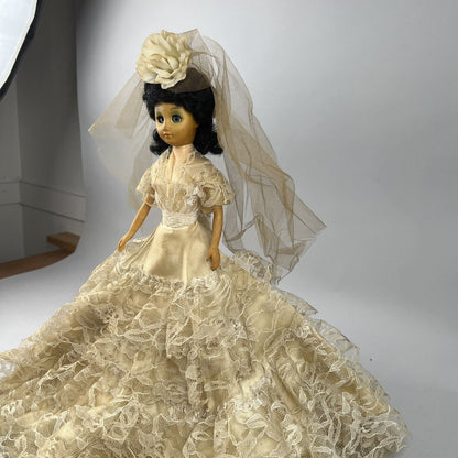 Admiration Doll Black Hair w/ Custom Wedding Dress and Veil 18" tall on Base VTG