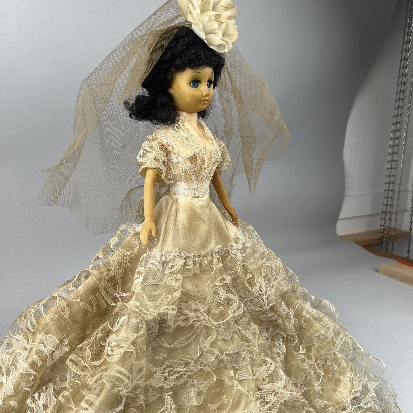 Admiration Doll Black Hair w/ Custom Wedding Dress and Veil 18" tall on Base VTG