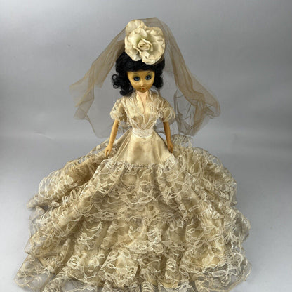 Admiration Doll Black Hair w/ Custom Wedding Dress and Veil 18" tall on Base VTG