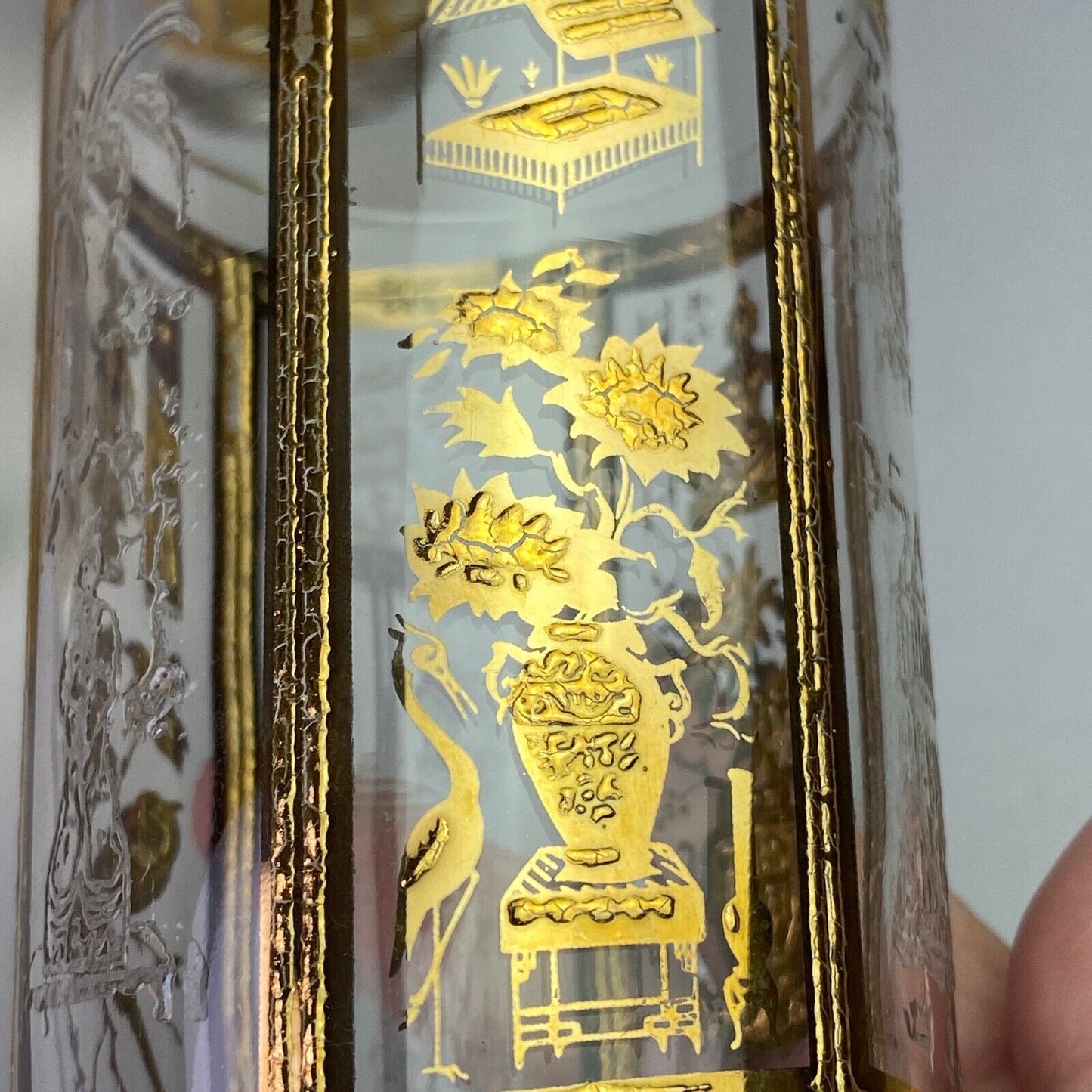 Mid Century Culver Glass 22KT Gold Asian Theme Relief Tall Glass - Hi-Ball - S/4