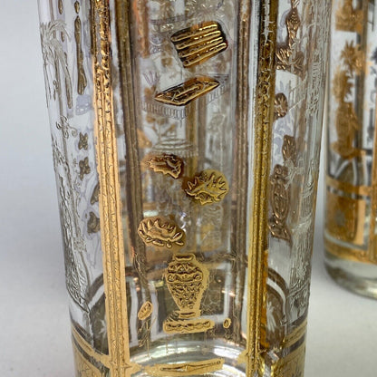 Mid Century Culver Glass 22KT Gold Asian Theme Relief Tall Glass - Hi-Ball - S/4