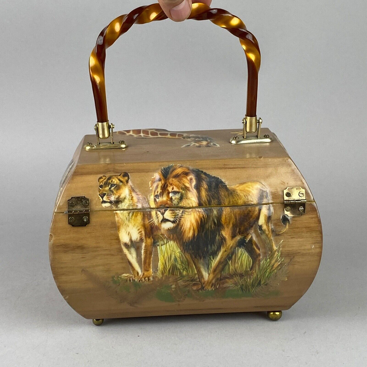 Vintage Carved Wooden Purse Lions Safari Africa Savana 3D