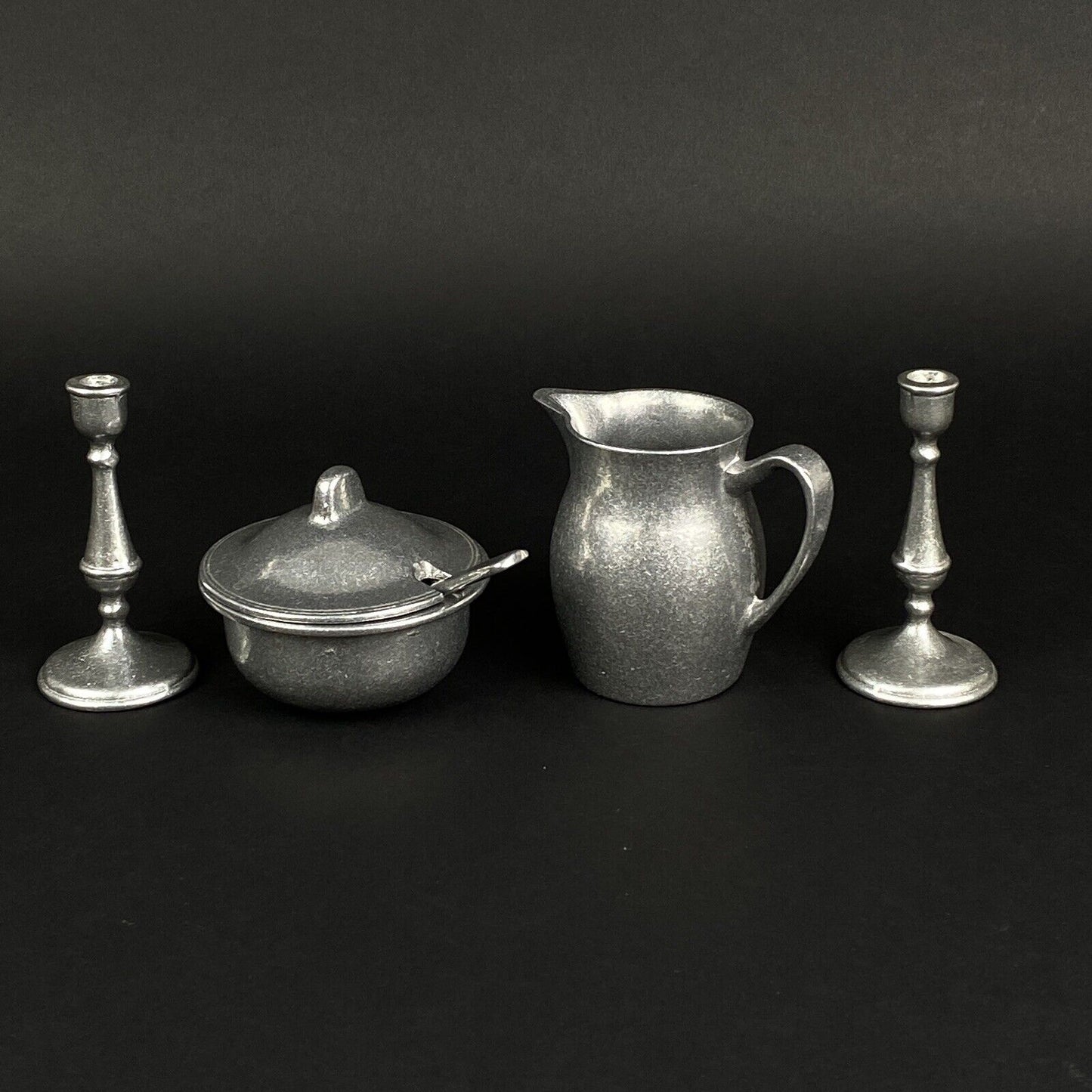 Medieval Times Creamer Sugar and Miniature Candlesticks Pewter Set by Carson