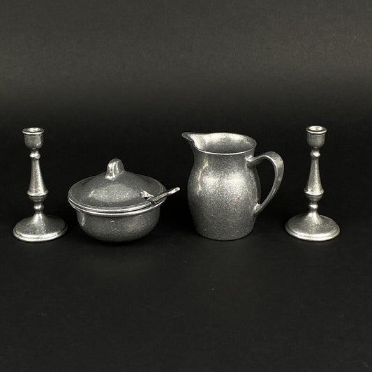 Medieval Times Creamer Sugar and Miniature Candlesticks Pewter Set by Carson