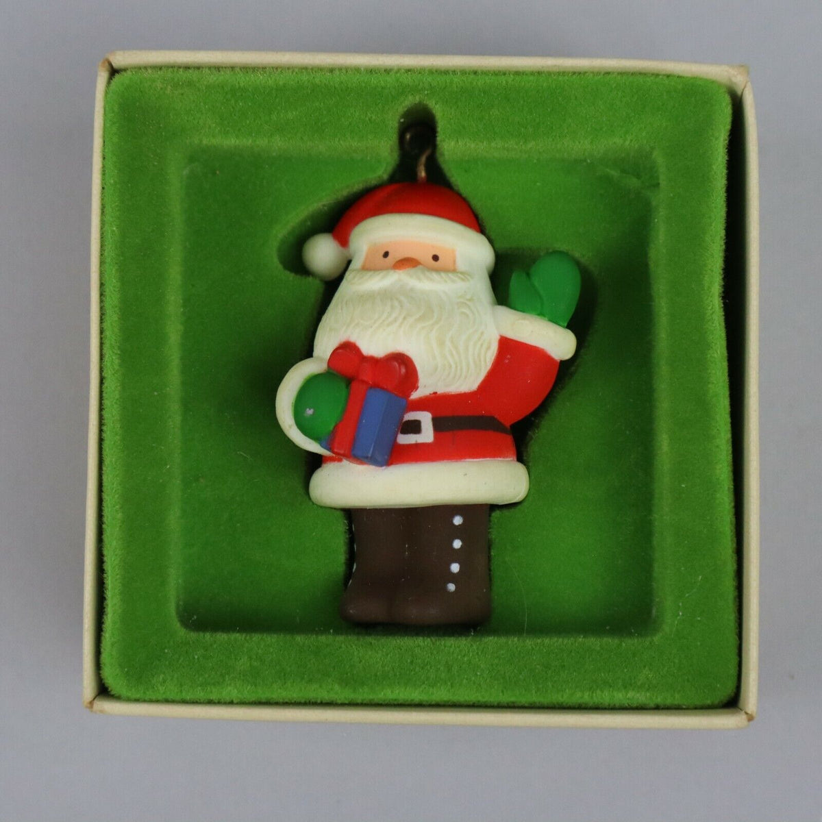 Vintage Hallmark Santa Claus with Gift Christmas Ornament with Box 2.5"