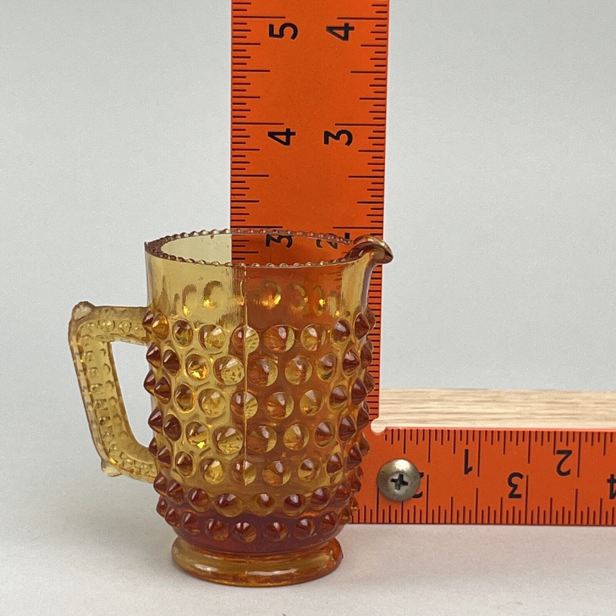 Vintage Miniature Childs Amber Depression Glass Pitcher 3" Hobnail