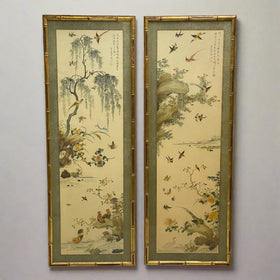 Pair of Frame Brocaded Chinese Art with Variety of Birds 40" Tall x 14" Wide