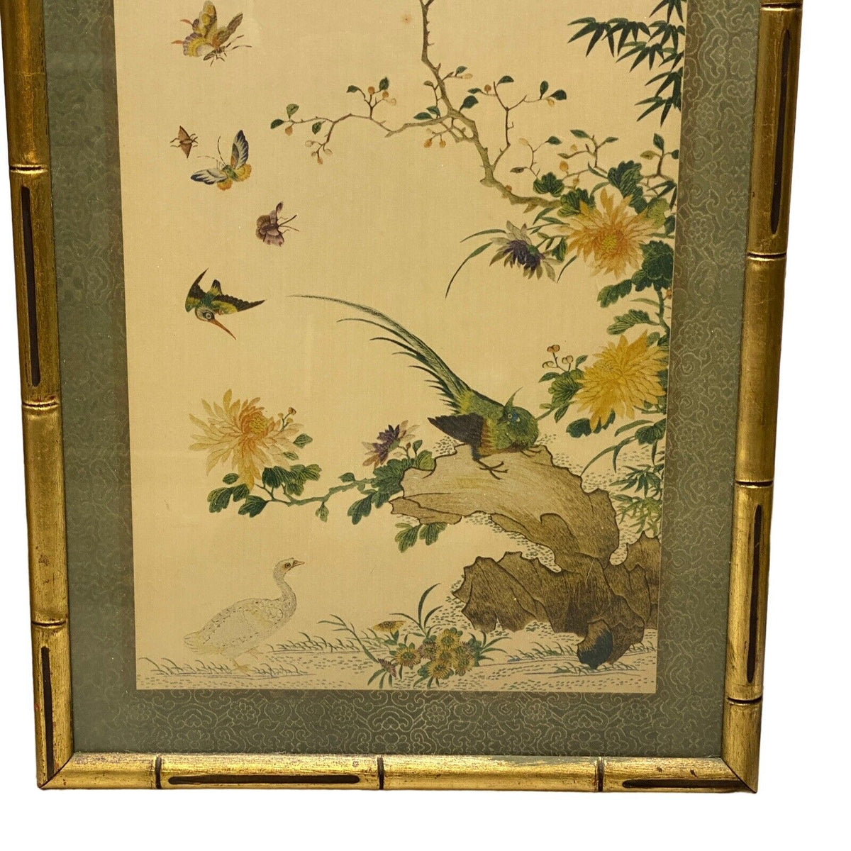 Pair of Frame Brocaded Chinese Art with Variety of Birds 40" Tall x 14" Wide