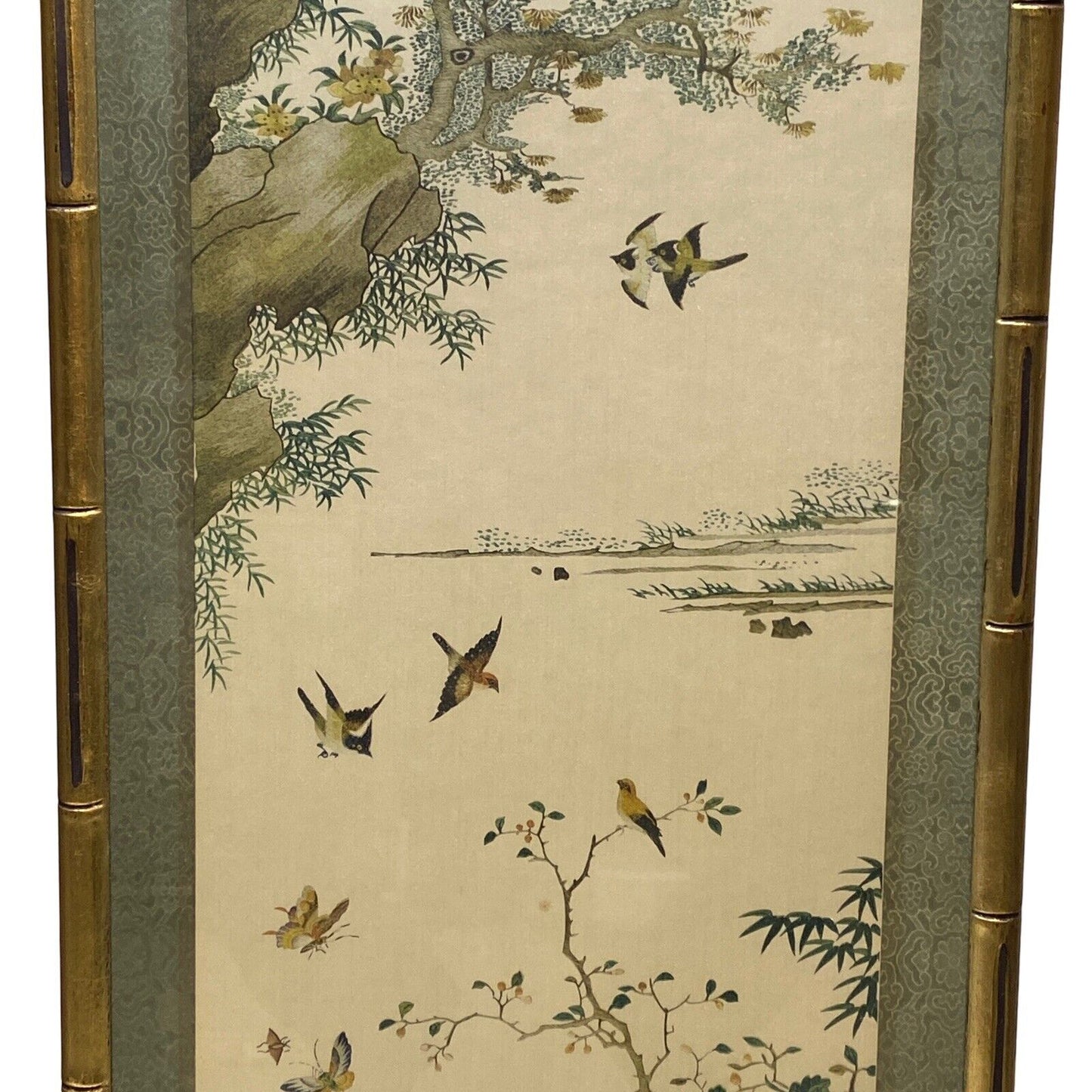 Pair of Frame Brocaded Chinese Art with Variety of Birds 40" Tall x 14" Wide