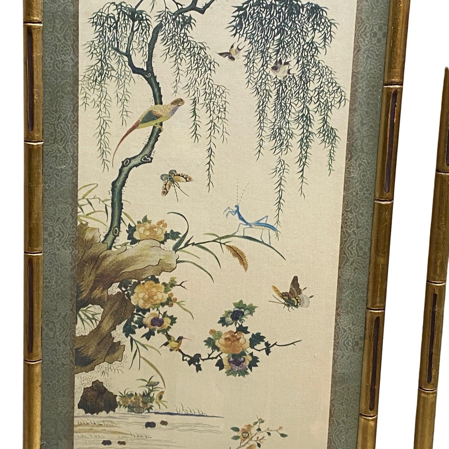 Pair of Frame Brocaded Chinese Art with Variety of Birds 40" Tall x 14" Wide