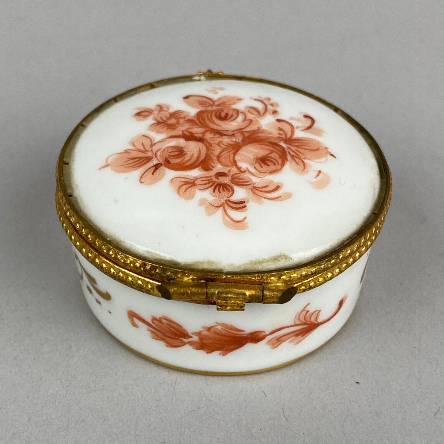 Limoges France White w/  Orange Flowers and Gold Tone Trim Porcelain Trinket Box