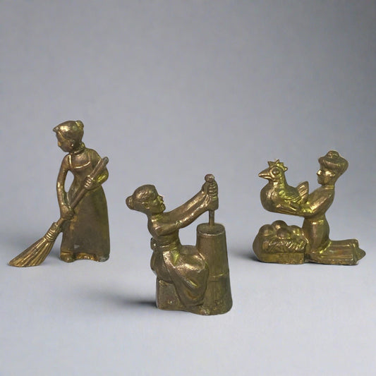 Lot of 3 Vintage Brass Figures (Sweeping, Washing Clothes, Chicken / Egg) USA