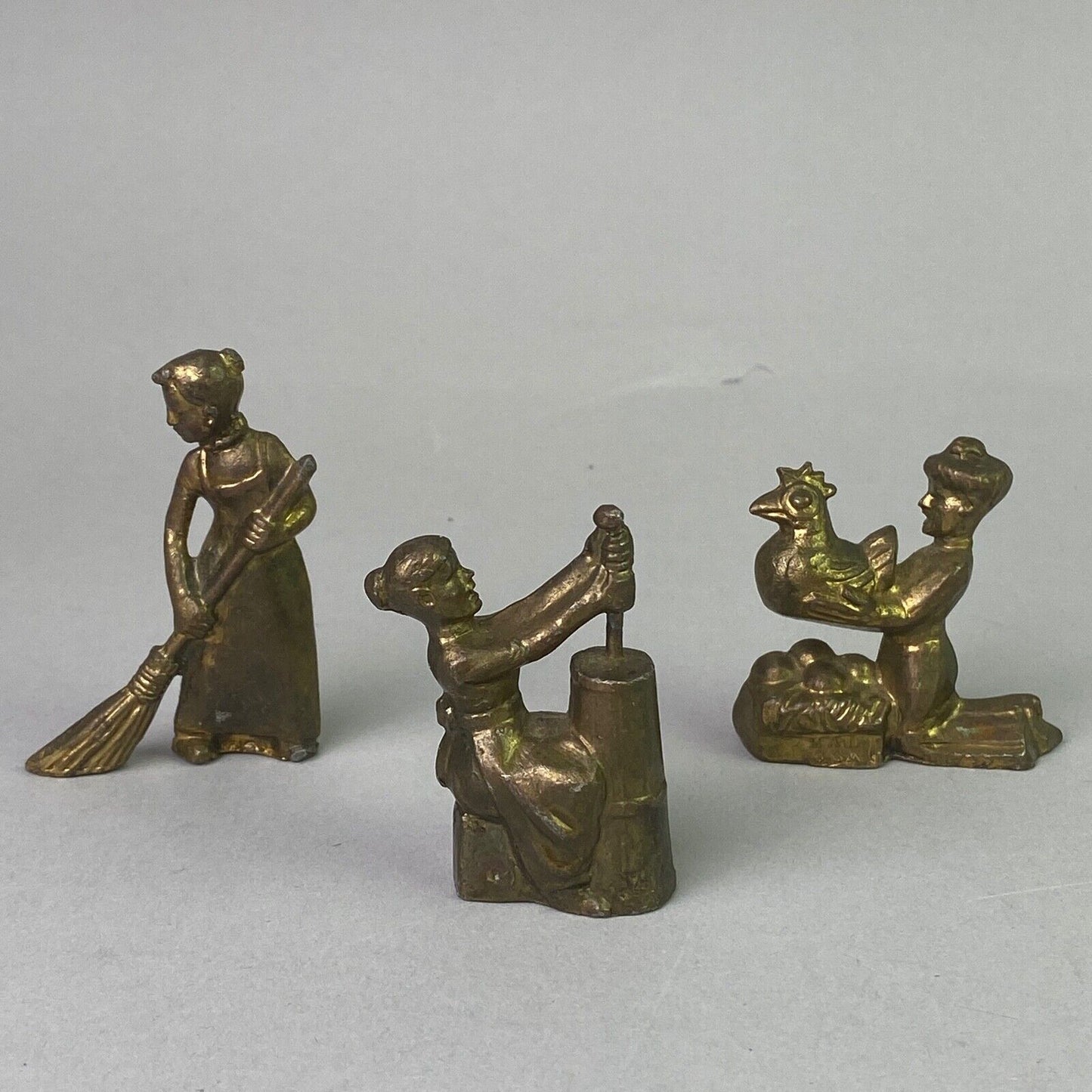 Lot of 3 Vintage Brass Figures (Sweeping, Washing Clothes, Chicken / Egg) USA