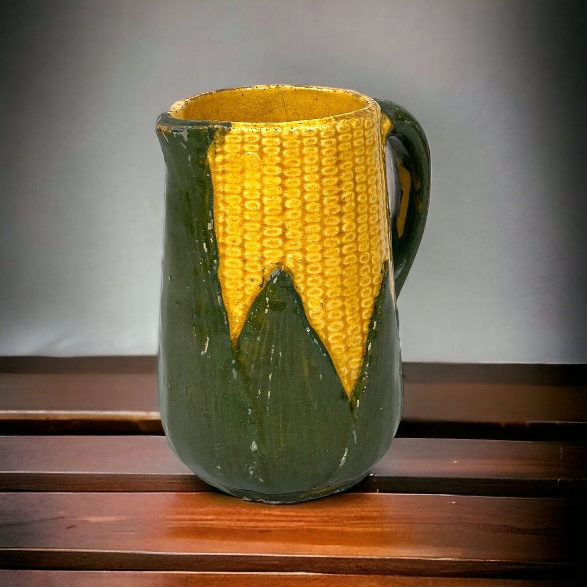 Antique Pitcher Corn Cob Husk Pottery Ceramic 6" Tall