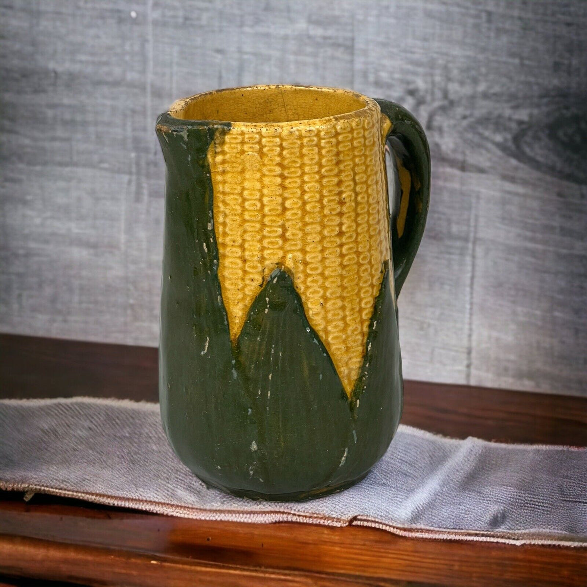 Antique Pitcher Corn Cob Husk Pottery Ceramic 6" Tall