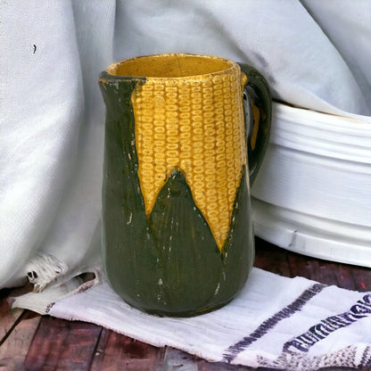 Antique Pitcher Corn Cob Husk Pottery Ceramic 6" Tall