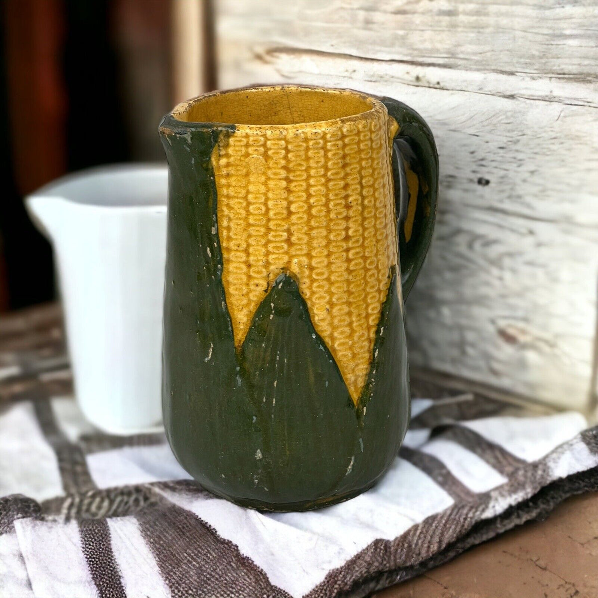 Antique Pitcher Corn Cob Husk Pottery Ceramic 6" Tall