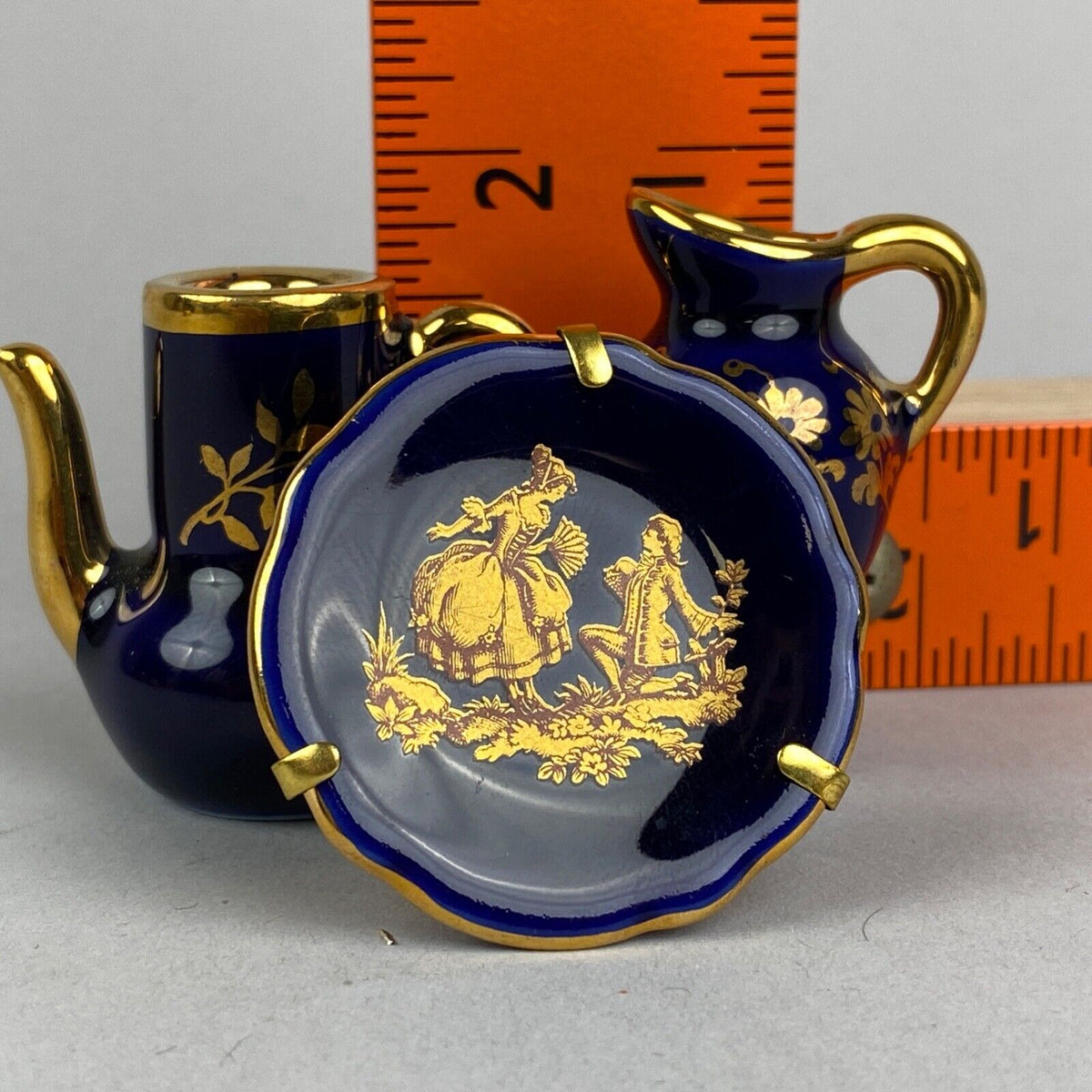 Limoges France Blue with Gold Tone Accent Miniature Dish Set (Doll House)