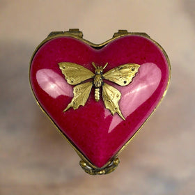 Limoges France Red and Gold Tone Butterfly Porcelain Trinket Box ~2"