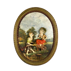 Pair of Boy and Girl Depose Italy 3D Figures Situated in an Oval Frames 16"x12"