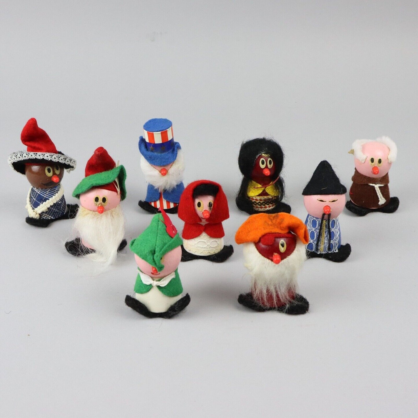 9 x Vintage Handmade Wooden/ fabric/ felt dolls 3" tall