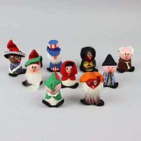 9 x Vintage Handmade Wooden/ fabric/ felt dolls 3" tall