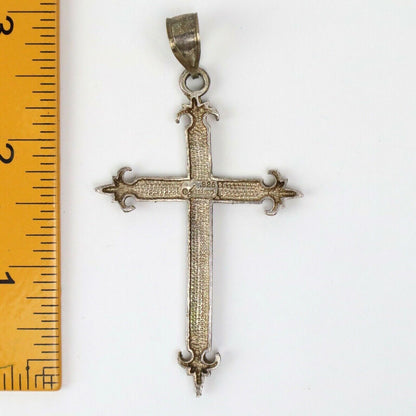 3" Tall .925 Sterling Silver Cross Pendant Necklace, Marked Joe Akind (F6)