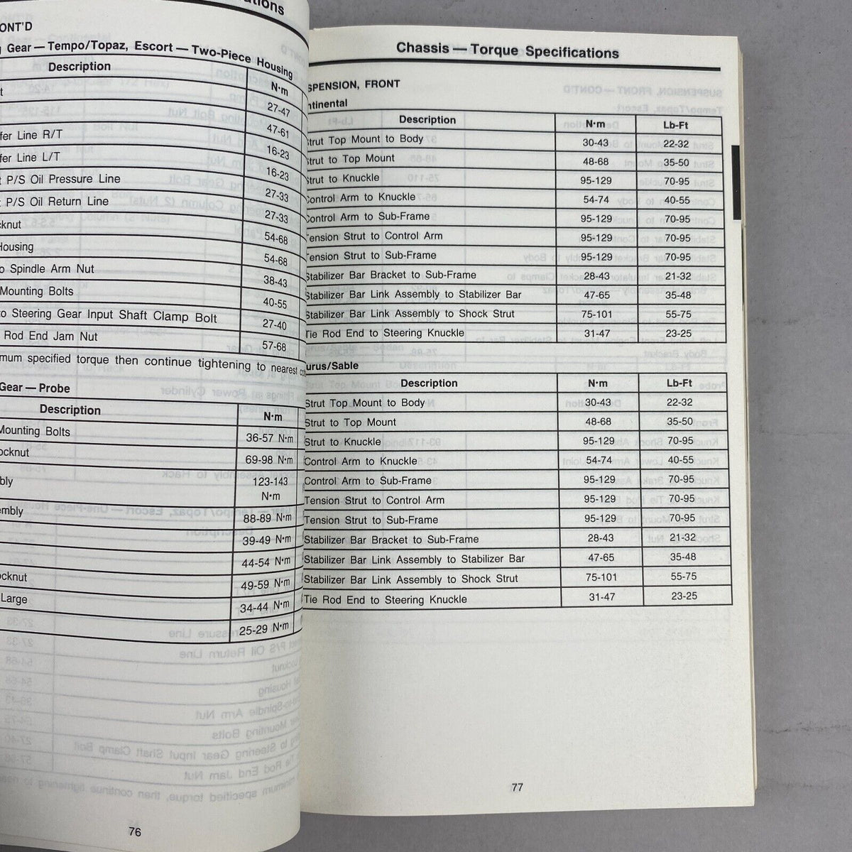 Ford 1989 Front Wheel Drive Car Specification Book, Festiva, Tracer, Topaz etc.