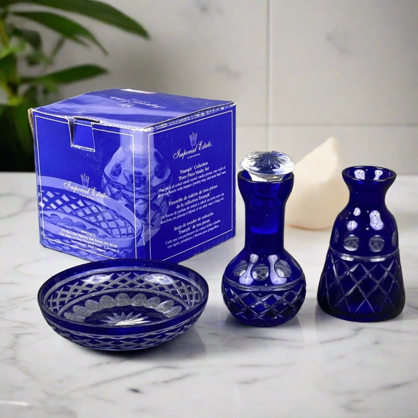 Imperial Estate Crystal Cobalt Blue Cut To Clear Crystal Vanity Set