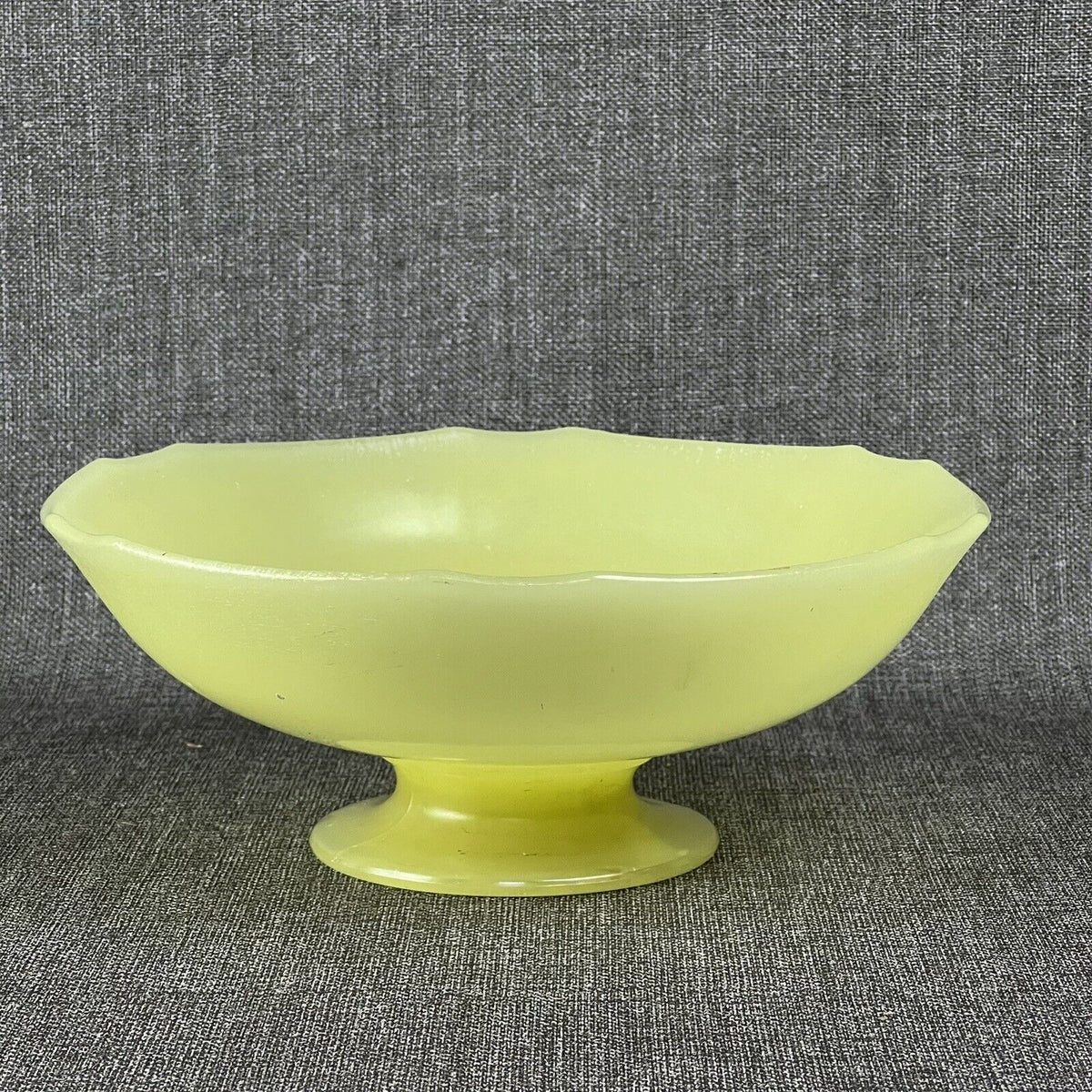 Tiffin Canary Yellow Satin Iridescent Vaseline Glass Pedestal Bowl (READ)