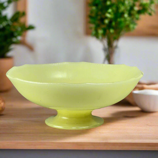 Tiffin Canary Yellow Satin Iridescent Vaseline Glass Pedestal Bowl (READ)