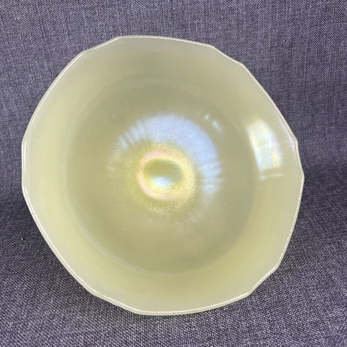 Tiffin Canary Yellow Satin Iridescent Vaseline Glass Pedestal Bowl (READ)