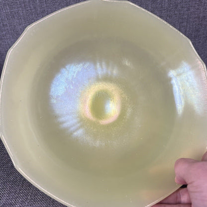 Tiffin Canary Yellow Satin Iridescent Vaseline Glass Pedestal Bowl (READ)