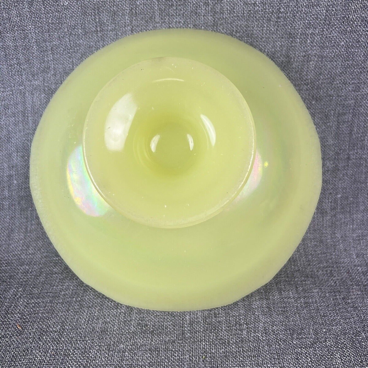 Tiffin Canary Yellow Satin Iridescent Vaseline Glass Pedestal Bowl (READ)