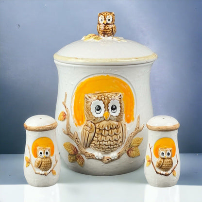 Vintage Owl Perched Cookie Jar Ceramic Mid Century, Small Owl on Top Salt,Pepper