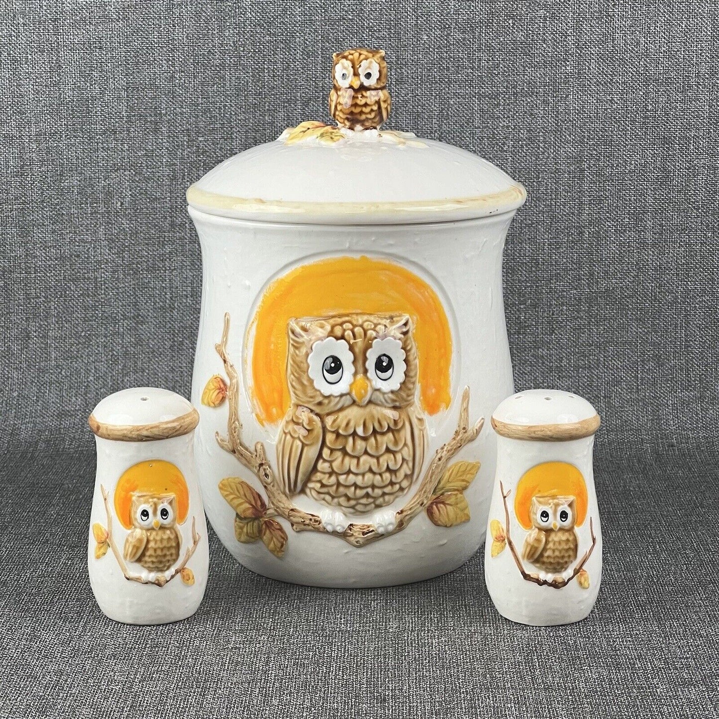 Vintage Owl Perched Cookie Jar Ceramic Mid Century, Small Owl on Top Salt,Pepper