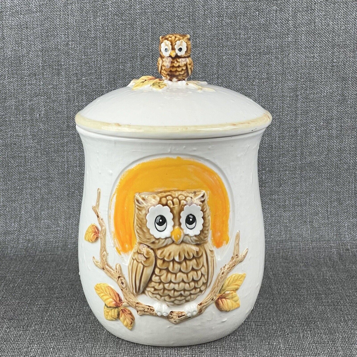 Vintage Owl Perched Cookie Jar Ceramic Mid Century, Small Owl on Top Salt,Pepper