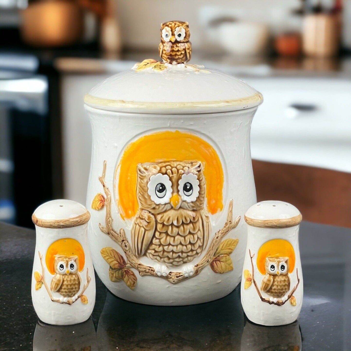 Vintage Owl Perched Cookie Jar Ceramic Mid Century, Small Owl on Top Salt,Pepper