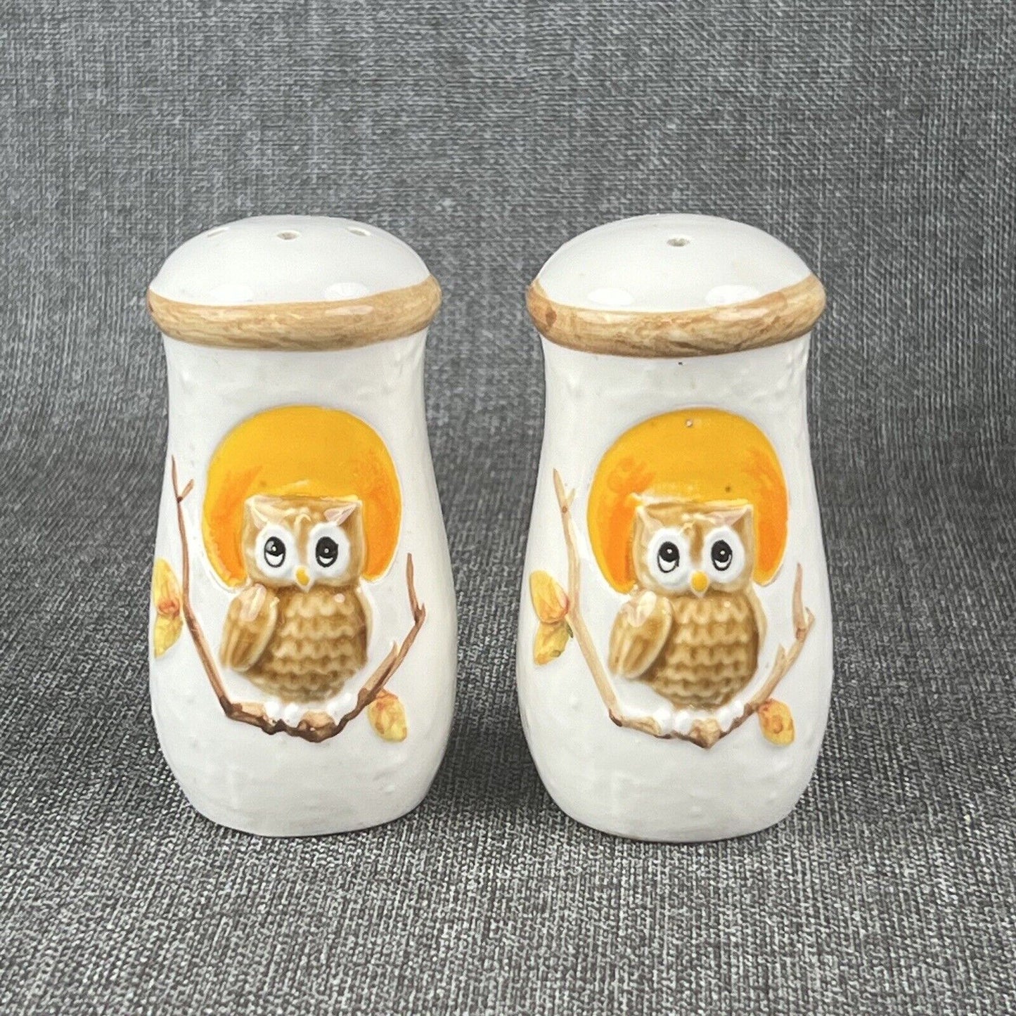 Vintage Owl Perched Cookie Jar Ceramic Mid Century, Small Owl on Top Salt,Pepper