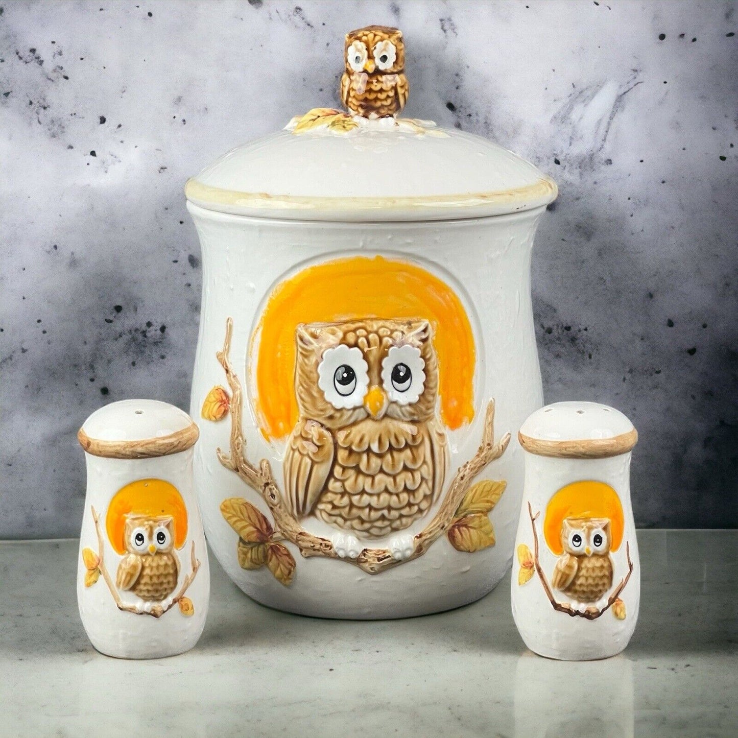 Vintage Owl Perched Cookie Jar Ceramic Mid Century, Small Owl on Top Salt,Pepper